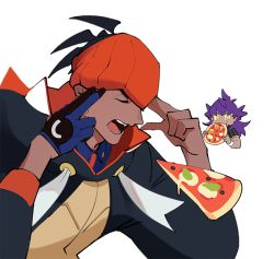 Rule 34 | 2boys, black hair, black hoodie, champion uniform, closed eyes, collared shirt, commentary request, creatures (company), dark-skinned male, dark skin, eating, food, game freak, gloves, gym leader, holding, holding food, hood, hood down, hoodie, korean commentary, leon (pokemon), long hair, mabaem, male focus, multiple boys, nintendo, open mouth, orange headwear, partially fingerless gloves, pizza, pokemon, pokemon swsh, purple hair, raihan (pokemon), shirt, short sleeves, simple background, single glove, teeth, tongue, white background, white wristband, yellow eyes