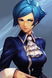 Rule 34 | 1girl, ahoge, blue eyes, blue hair, breasts, closed mouth, elisabeth blanctorche, hungry clicker, jacket, looking at viewer, short hair, simple background, snk, solo, the king of fighters, upper body