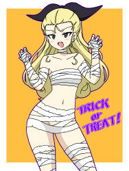 Rule 34 | 1girl, assam (girls und panzer), bandages, bandages, black ribbon, blonde hair, blue eyes, claw pose, cowboy shot, english text, fang, frown, girls und panzer, hair pulled back, hair ribbon, halloween, halloween costume, highres, ichinose jun, long hair, looking at viewer, mummy costume, naked bandage, navel, open mouth, orange background, outdoors, ribbon, solo, standing, trick or treat