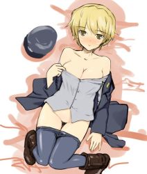 Rule 34 | 10s, 1girl, bad id, bad pixiv id, blonde hair, blush, bottomless, brave witches, breasts, brown eyes, hat, jacket, large breasts, no panties, pantyhose, short hair, solo, strike witches, uniform, waltrud krupinski, world witches series