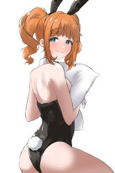 Rule 34 | 1girl, absurdres, animal ears, ass, black leotard, blush, fake animal ears, highres, idolmaster, idolmaster (classic), idolmaster million live!, leotard, looking at viewer, hugging object, orange hair, pdal (pdalhhh), pillow, pillow hug, playboy bunny, rabbit ears, rabbit tail, shoulder blades, simple background, smile, solo, tail, takatsuki yayoi, twintails, wrist cuffs