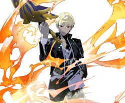 Rule 34 | 1boy, black jacket, black pants, blonde hair, cofffee, contemporary, fate/stay night, fate (series), fire, gilgamesh (fate), hand in pocket, holding, holding sword, holding weapon, jacket, male focus, pants, red eyes, short hair, smile, solo, sword, weapon, white background