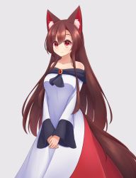 Rule 34 | 1girl, animal ears, breasts, brooch, brown hair, cleavage, dress, hashi2387, highres, imaizumi kagerou, jewelry, large breasts, long hair, long sleeves, looking away, off-shoulder dress, off shoulder, red eyes, simple background, solo, standing, tail, touhou, very long hair, white background, white dress, wide sleeves, wolf ears, wolf tail