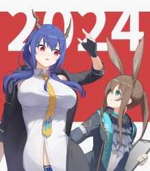 Rule 34 | 2024, 2girls, absurdres, allen.n, amiya (arknights), animal ears, arknights, ascot, black gloves, black jacket, blue ascot, blue eyes, breasts, brown hair, ch&#039;en (arknights), clipboard, clothes writing, dragon girl, dragon horns, extra ears, fingerless gloves, gloves, height difference, highres, holding, holding clipboard, horns, jacket, jewelry, large breasts, long sleeves, low twintails, multiple girls, multiple rings, neck ring, necktie, open clothes, open jacket, ponytail, rabbit ears, rabbit girl, red eyes, ring, shirt, sidelocks, smile, twintails, upper body, white shirt, yellow necktie