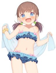 Rule 34 | 1girl, :d, bare shoulders, bikini, blue bikini, blue eyes, blush, brown hair, collarbone, commentary request, gluteal fold, hair ornament, hands up, holding, holding towel, layered bikini, long hair, looking at viewer, low twintails, muku (muku-coffee), navel, open mouth, original, polka dot, polka dot bikini, scrunchie, simple background, smile, solo, star (symbol), star hair ornament, swimsuit, towel, twintails, white background, wrist scrunchie, yellow scrunchie