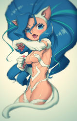Rule 34 | 1girl, :d, animal ears, animal hands, big hair, blue eyes, blue hair, breasts, cat ears, cat tail, claws, cowboy shot, fang, felicia (vampire), fur, gradient background, highres, long hair, looking at viewer, matching hair/eyes, navel, open mouth, puchiman, smile, solo, tail, vampire (game)