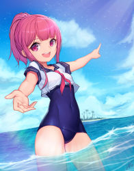 Rule 34 | 1girl, bad id, bad pixiv id, blue one-piece swimsuit, blue sailor collar, contrapposto, covered navel, crop top, dduck kong, highres, long hair, looking at viewer, necktie, one-piece swimsuit, open mouth, original, pink eyes, pink hair, pointing, ponytail, red eyes, red hair, red necktie, sailor collar, school swimsuit, school uniform, serafuku, soaking feet, solo, standing, swimsuit, teeth, upper teeth only, wading, water