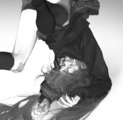 Rule 34 | 1girl, bandaid, bandaid on knee, bandaid on leg, commentary, dutch angle, english commentary, feet out of frame, greyscale, hatsune miku, kneehighs, long hair, long sleeves, monochrome, rolling girl (vocaloid), school uniform, simple background, skirt, socks, solo, spencer sais, twintails, upside-down, very long hair, vocaloid, white background