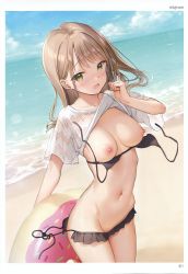 Rule 34 | 1girl, absurdres, arm at side, artist name, beach, bikini, black bikini, blue sky, blush, border, breasts, clothes lift, cloud, collarbone, cowboy shot, day, dutch angle, green eyes, grin, groin, hand up, highres, hip bones, holding, holding swim ring, horizon, innertube, lifted by self, light brown hair, long hair, looking at viewer, medium breasts, mignon, navel, nipples, ocean, open mouth, original, outdoors, page number, pulled by self, sand, scan, shirt lift, short sleeves, side-tie bikini bottom, sidelocks, sky, smile, solo, stomach, swim ring, swimsuit, toranoana, untied bikini, wardrobe malfunction, water, white border