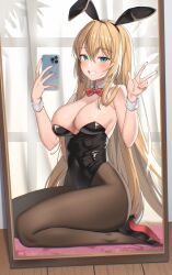 Rule 34 | 1girl, absurdres, armpit crease, bare arms, bare shoulders, black footwear, black hairband, black leotard, blonde hair, blue eyes, bow, bowtie, breasts, brown pantyhose, cellphone, cleavage, covered navel, detached collar, grin, hairband, hands up, high heels, highleg, highleg leotard, highres, holding, holding phone, iphone 11, large breasts, leotard, long hair, looking at viewer, mirror, nail polish, neil (neil nim), original, pantyhose, phone, playboy bunny, reflection, seiza, sitting, smartphone, smile, solo, strapless, strapless leotard, thighs, very long hair, w, wrist cuffs