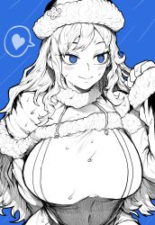 Rule 34 | 1girl, @ @, absurdres, blue background, blue eyes, blush, breasts, capelet, closed mouth, commentary, dress, eyelashes, fairy tail, fur-trimmed capelet, fur-trimmed headwear, fur-trimmed sleeves, fur collar, fur trim, greyscale with colored background, heart, highres, juvia lockser, large breasts, long hair, long sleeves, rain, simple background, sleeves past wrists, smile, solo, spoken heart, spot color, upper body, wet, yotsumi shiro