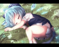 Rule 34 | 1girl, akisha, animal ears, bad id, bad pixiv id, blue hair, bow, cat ears, cat tail, cirno, closed eyes, curled up, dress, grassy, hair bow, letterboxed, panties, short hair, sleeping, solo, striped clothes, striped panties, tail, touhou, underwear, white legwear