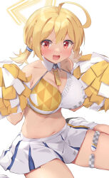 Rule 34 | 1girl, :d, ahoge, bare shoulders, blonde hair, blue archive, breasts, cheerleader, cleavage, collarbone, commentary request, hair between eyes, halo, highres, kanzen bouon, kotori (blue archive), kotori (cheer squad) (blue archive), large breasts, looking at viewer, low twintails, navel, open mouth, pleated skirt, pom pom (cheerleading), red eyes, simple background, sitting, skindentation, skirt, smile, solo, twintails, wariza, white background, white skirt