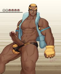 Rule 34 | 1boy, abs, absurdres, alternate pectoral size, bara, bare pectorals, bare shoulders, black hair, briefs, buzz cut, creatures (company), dark-skinned male, dark skin, erection, feet out of frame, game freak, helbai, highres, large pectorals, large penis, legs apart, male focus, male pubic hair, male underwear, marshal (pokemon), multicolored hair, muscular, muscular male, navel, navel hair, nintendo, nipples, no pants, orange hair, pectorals, penis, pokemon, pokemon bw, precum, pubic hair, short hair, sideburns, solo, stomach, thick thighs, thighs, two-tone hair, uncensored, underwear, very short hair