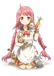 Rule 34 | 1girl, ahoge, apron, asukaru (magika ru), braid, carrot, character request, copyright request, hair ribbon, highres, holding, holding animal, holding carrot, holding rabbit, looking at viewer, pink eyes, pink hair, rabbit, ribbon, school uniform, simple background, solo, twin braids, twintails