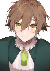 Rule 34 | 1boy, amakusa shirou tokisada (olympia soiree), ascot, blush, brown hair, capelet, closed mouth, green capelet, green eyes, highres, kui game, long hair, looking at viewer, low ponytail, male focus, olympia soiree, shirt, solo, white ascot, white background, white shirt