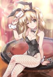 Rule 34 | 1girl, aged up, ahoge, animal ears, arisa bunnings, black bow, black bowtie, black leotard, blurry, blurry background, bow, bowtie, breasts, brown hair, casino card table, cleavage, commentary request, crossed legs, detached collar, fake animal ears, fishnet pantyhose, fishnets, green eyes, highres, kuroi mimei, leotard, looking at viewer, lyrical nanoha, mahou shoujo lyrical nanoha, medium breasts, medium hair, one eye closed, pantyhose, playboy bunny, rabbit ears, rabbit tail, sidelocks, sitting, sitting on table, solo, strapless, strapless leotard, table, tail, wrist cuffs
