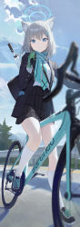 Rule 34 | 1girl, absurdres, animal ear fluff, animal ears, assault rifle, bag, bicycle, black footwear, black jacket, black skirt, blouse, blue archive, blue eyes, blue scarf, blue sky, blurry, blurry foreground, closed mouth, cloud, cross hair ornament, day, extra ears, full body, gloves, green gloves, grey hair, hair between eyes, hair ornament, halo, highres, jacket, kneehighs, long sleeves, looking at viewer, medium hair, modare, open clothes, open jacket, outdoors, plaid, plaid skirt, scarf, school uniform, shiroko (blue archive), shirt, shoulder bag, sig sauer 556, skirt, sky, socks, solo, weapon, weapon on back, white shirt, white socks
