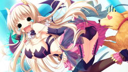 Rule 34 | 1girl, animal, blonde hair, breasts, cleavage, dog, game cg, garter straps, highres, horns, julia lin road, large breasts, long hair, magical marriage lunatics!!, o-ring, o-ring top, open mouth, panties, pantyshot, pointy ears, solo, thighhighs, underwear, upskirt, yamakaze ran