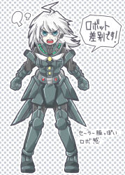 Rule 34 | 1girl, ahoge, android, armored boots, belt, black pants, black shirt, black sleeves, blue eyes, boots, bracer, clenched hands, commentary request, danganronpa (series), danganronpa v3: killing harmony, frown, full body, genderswap, genderswap (mtf), gloves, grey background, grey belt, grey footwear, grey gloves, k1-b0, knee pads, long hair, long sleeves, open mouth, outline, pants, polka dot, polka dot background, puff of air, shirt, simple background, solo, speech bubble, straight-on, sweat, teeth, translation request, two-tone background, upper teeth only, v-shaped eyebrows, white background, white hair, white outline, yachiuo