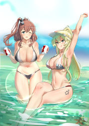 Rule 34 | 2girls, alternate costume, arm up, arms up, bare arms, bare legs, bare shoulders, barefoot, bikini, blonde hair, blue eyes, blue sky, breasts, brown hair, can, cloud, commentary, day, english commentary, grey bikini, hair between eyes, halterneck, highres, holding, holding can, iowa (kancolle), kantai collection, large breasts, long hair, looking at viewer, multiple girls, osananajimi neko, outdoors, ponytail, saratoga (kancolle), side ponytail, sidelocks, skindentation, sky, smokestack, smokestack hair ornament, soaking feet, string bikini, swimsuit, unfinished, visor cap, water