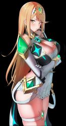 Rule 34 | 1girl, amano don, armor, black background, blonde hair, breasts, cleavage, covered navel, cowboy shot, dress, earrings, from side, hair ornament, highres, jewelry, large breasts, long hair, looking at viewer, looking to the side, mythra (xenoblade), necklace, pauldrons, short dress, shoulder armor, skindentation, solo, thigh strap, thighs, tiara, white dress, xenoblade chronicles (series), xenoblade chronicles 2, yellow eyes