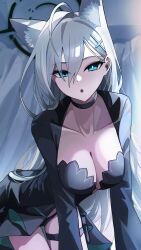 Rule 34 | 1girl, absurdres, ahoge, animal ears, black dress, blue archive, blue eyes, breasts, cleavage, collarbone, cowboy shot, cross hair ornament, dark halo, dress, extra ears, grey hair, hair between eyes, hair ornament, halo, highres, iwahada, large breasts, long hair, long sleeves, looking at viewer, mismatched pupils, open mouth, shiroko (blue archive), shiroko terror (blue archive), solo, wolf ears