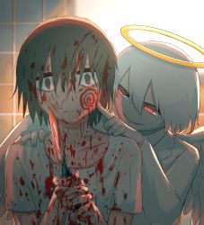 Rule 34 | 2boys, @ (symbol), absurdres, angel wings, avogado6, black eyes, black hair, blood, blood on clothes, blood on face, bloody knife, commentary request, crying, crying with eyes open, distress, evil grin, evil smile, formal, grin, hair between eyes, halo, hand on another&#039;s face, hand on another&#039;s shoulder, hand up, highres, holding, holding knife, knife, looking at another, multiple boys, original, red eyes, shirt, short hair, short sleeves, smile, suit, sweat, tearing up, tears, white hair, white shirt, white suit, white wings, wings