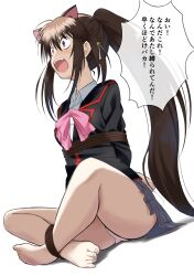 Rule 34 | 1girl, absurdres, ahoge, angry, animal ears, arms behind back, artist request, bare legs, barefoot, bdsm, bell, black jacket, blush, bondage, bound, bow, brown hair, cat ears, collared shirt, commentary request, fang, feet, from below, full body, grey skirt, hair bell, hair ornament, highres, indian style, jacket, jingle bell, little busters!, little busters! school uniform, long hair, long sleeves, looking afar, miniskirt, natsume rin, nose blush, open mouth, panties, pink bow, pleated skirt, profile, red eyes, school uniform, shibari, shirt, shouting, sidelocks, simple background, sitting, skirt, soles, solo, speech bubble, tamawwwwwwwww, teeth, thighs, toenails, underwear, upper teeth only, v-shaped eyebrows, very long hair, white background, white panties, white shirt