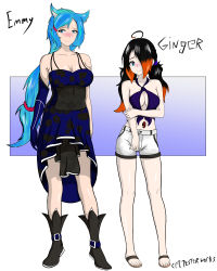 Rule 34 | absurdres, animal ears, black hair, blue eyes, blue hair, blush, boots, breasts, cpt.tester works, dress, ginger (cpt.tester), hair over one eye, highres, hotpants, jewelry, large breasts, looking at viewer, multicolored hair, pale skin, pig tail, sandals, shy, size difference, small breasts, tail, tall female, wolf ears, wolf girl