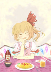 Rule 34 | 1girl, :d, ^ ^, absurdres, apron, asymmetrical hair, blonde hair, blush, bowl, bunchou (bunchou3103), chopsticks, closed eyes, crystal, embodiment of scarlet devil, facing viewer, fang, female focus, flandre scarlet, food, glass, glowing, head rest, head tilt, highres, jewelry, juice, ketchup, md5 mismatch, omelet, omurice, one side up, open mouth, orange juice, pov across table, resolution mismatch, ring, short hair, side ponytail, smile, solo, source smaller, spoon, straight hair, table, touhou, wings