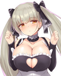 Rule 34 | 1girl, absurdres, azur lane, black ribbon, blunt bangs, blush, breasts, choker, cleavage, cleavage cutout, closed mouth, clothing cutout, collarbone, commentary request, formidable (azur lane), hair ribbon, hands up, heart cutout, highres, kageira, large breasts, long hair, looking at viewer, orange eyes, platinum blonde hair, ribbon, simple background, solo, twintails, two-tone ribbon, upper body, white background, white ribbon