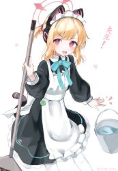 Rule 34 | 1girl, animal ear headphones, animal ears, apron, black dress, blonde hair, blue archive, blush, bucket, dress, fake animal ears, frilled apron, frills, halo, headphones, highres, long sleeves, looking at viewer, momoi (blue archive), momoi (maid) (blue archive), noko (nco029685627), official alternate costume, open mouth, pantyhose, pink halo, red eyes, short hair, simple background, smile, solo, white apron, white background, white pantyhose