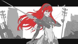 Rule 34 | 1girl, bird, bodysuit, building, eyepatch, greyscale, hairband, long hair, medical eyepatch, monochrome, one eye covered, parted lips, partially colored, punishing: gray raven, red eyes, red hair, ruins, scar, scar on face, sidelocks, solo, vera (punishing: gray raven), weapon