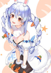 Rule 34 | 1girl, :d, animal ear fluff, animal ears, bare shoulders, black gloves, black leotard, black pantyhose, blue hair, blush, bow, braid, carrot hair ornament, commentary request, detached sleeves, don-chan (usada pekora), dress, food-themed hair ornament, fur-trimmed dress, fur-trimmed gloves, fur trim, gloves, hair between eyes, hair bow, hair ornament, highres, hololive, hu kotora, leotard, long hair, looking at viewer, multicolored hair, open mouth, pantyhose, puffy short sleeves, puffy sleeves, rabbit ears, rabbit tail, red eyes, short eyebrows, short sleeves, smile, star (symbol), strapless, strapless dress, strapless leotard, teeth, thick eyebrows, twin braids, twintails, two-tone hair, upper teeth only, usada pekora, usada pekora (1st costume), very long hair, virtual youtuber, white background, white bow, white dress, white hair, white sleeves