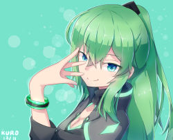 Rule 34 | 1girl, aqua eyes, arm up, black jacket, bracelet, closed mouth, collarbone, dated, destiny (game), english text, from side, green background, green eyes, green hair, hair between eyes, hair ornament, hand on own face, high collar, jacket, jewelry, kuroda kuwa, long hair, long sleeves, looking at viewer, looking to the side, neon trim, original, ponytail, signature, simple background, smile, solo, upper body, warlock (destiny)