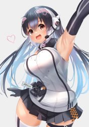 Rule 34 | 1girl, :d, absurdres, african penguin (kemono friends), arm up, armpits, black hair, blush, bouncing breasts, breasts, brown eyes, checkered clothes, checkered skirt, detached sleeves, female focus, gloves, headphones, heart, highres, hips swaying, jacket, kemono friends, kemono friends v project, large breasts, long hair, mappuri, multicolored hair, open mouth, pink hair, shirt, simple background, skirt, smile, solo, thighhighs, thighs, upper body, white background, white hair, white shirt