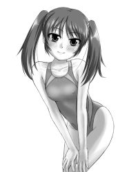 Rule 34 | 1girl, breasts, competition swimsuit, covered erect nipples, greyscale, leaning forward, long hair, monochrome, one-piece swimsuit, original, small breasts, solo, swimsuit, tk4, twintails