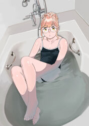 Rule 34 | 1girl, absurdres, ahoge, alternate costume, alternate hairstyle, bathtub, black one-piece swimsuit, competition school swimsuit, flat chest, glasses, hair bun, highres, kantai collection, long hair, looking at viewer, makigumo (kancolle), ojipon, one-piece swimsuit, pink hair, school swimsuit, solo, swimsuit, water, yellow eyes