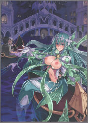 Rule 34 | 1boy, 2girls, absurdres, aqua hair, arial (monster girl encyclopedia), blonde hair, blue eyes, blue hair, blush, boat, book cover (medium), breasts, breasts out, cum, cum on body, cum on breasts, cum on hair, cum on upper body, facial, fins, fish tail, gondola, green hair, hair ornament, hat, head fins, highres, kenkou cross, large breasts, long hair, looking at viewer, mermaid, mermaid (monster girl encyclopedia), merrow, monster girl, monster girl encyclopedia, monster girl encyclopedia world guide side iii: court alf-divas of the city of water, multiple girls, navel, night, official art, open mouth, revealing clothes, sea bishop, sky, smile, star (sky), starry sky, tail, topless, water, watercraft