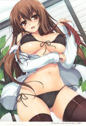 Rule 34 | 1girl, absurdres, bikini, black bikini, black thighhighs, breasts, brown eyes, brown hair, highres, indoors, large breasts, long hair, looking at viewer, navel, necktie, off shoulder, open clothes, open mouth, open shirt, original, page number, plant, scan, shiny clothes, shiny skin, shirt, side-tie bikini bottom, smile, solo, swimsuit, thighhighs, tomose shunsaku