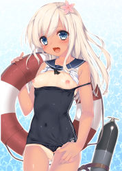 Rule 34 | 1girl, absurdres, blonde hair, blue eyes, blush, breasts, covered navel, crop top, flower, hair flower, hair ornament, highres, kantai collection, lifebuoy, long hair, looking at viewer, nipples, obiwan, one-piece swimsuit, open mouth, pussy juice, ro-500 (kancolle), sailor collar, scan, school swimsuit, school uniform, serafuku, smile, solo, swim ring, swimsuit, swimsuit under clothes, tan, tanline, torpedo