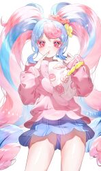 Rule 34 | 1girl, absurdres, blue hair, blue skirt, colored eyelashes, creatures (company), curly hair, etchyu, fairy miku (project voltage), finger to mouth, flower, game freak, hair flower, hair ornament, hatsune miku, highres, holding, holding pillow, long hair, long sleeves, looking at viewer, miniskirt, multicolored hair, nintendo, official alternate costume, pillow, pink eyes, pink hair, pink nails, pink sweater, plaid, plaid skirt, pokemon, project voltage, red flower, scrunchie, simple background, skirt, solo, sweater, twintails, two-tone hair, very long hair, vocaloid, white background, wrist scrunchie, yellow flower, yellow scrunchie
