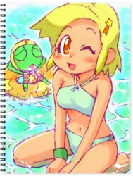 1boy 1girl angol_mois bikini blonde_hair brown_eyes dark_skin gyaru hair_ornament hairclip hakkatou innertube keroro keroro_gunsou ocean one_eye_closed swim_ring swimsuit wristband