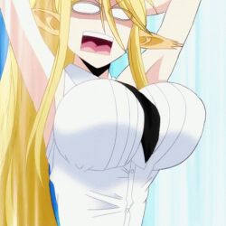 Rule 34 | 1girl, animated, animated gif, anime screencap, blonde hair, bouncing breasts, breast focus, breasts, centaur, centorea shianus, large breasts, long hair, lowres, monster musume no iru nichijou, open mouth, screencap, solo, taur