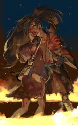 Rule 34 | 1boy, 1girl, ame (syume ruzin), black hair, blood, blood on face, blood on clothes, blood on hands, corpse, dororo (tezuka), fire, highres, holding, holding sword, holding weapon, hyakkimaru (dororo), japanese clothes, long hair, mio (dororo), ponytail, spoilers, sword, torn clothes, weapon