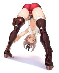 Rule 34 | 1girl, ass, atelier (series), atelier ryza, atelier ryza 1, bare arms, belt, bent over, beret, blush, boots, breasts, brown eyes, brown footwear, buckle, commentary request, dot nose, dutch angle, flask, from behind, full body, gloves, grin, hat, high heel boots, high heels, highres, holding own ankle, jewelry, kaedeko (kaedelic), large breasts, leather, leather belt, leather boots, leather gloves, legs, light brown hair, looking at viewer, looking back, looking through own legs, necklace, no bra, pouch, red shorts, reisalin stout, round-bottom flask, short shorts, shorts, simple background, single glove, skin tight, skindentation, smile, solo, spread legs, standing, star (symbol), star necklace, stomach, tareme, thick thighs, thigh boots, thigh pouch, thighhighs, thighs, toeless footwear, underboob, upshirt, white background, white hat, white thighhighs