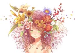 Rule 34 | 1girl, brown hair, cherry blossoms, female focus, flower, green eyes, hair flower, hair ornament, itsia, itsiaorz, lilac, looking at viewer, original, petals, smile, solo, sun, sunflower, topless, yellow flower