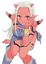 Rule 34 | 1girl, bracelet, breasts, colored skin, dragon quest, dragon quest x, horns, hyakuen raitaa, jewelry, long hair, ogre (dq10), pointy ears, red eyes, red skin, simple background, smile, solo, white background, white hair
