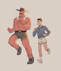 Rule 34 | 2boys, abs, absurdres, arm hair, bara, black hair, blonde hair, boots, breath, citrus0lemon, cowboy hat, full body, grey background, hat, highres, jacket, large pectorals, leg hair, long sideburns, male focus, mature male, mr. bidwell, multiple boys, muscular, muscular male, mustache, pectorals, running, saxton hale, short hair, short shorts, shorts, sideburns, simple background, size difference, team fortress 2, thick chest hair, thick mustache, topless male, towel, towel around neck, track jacket